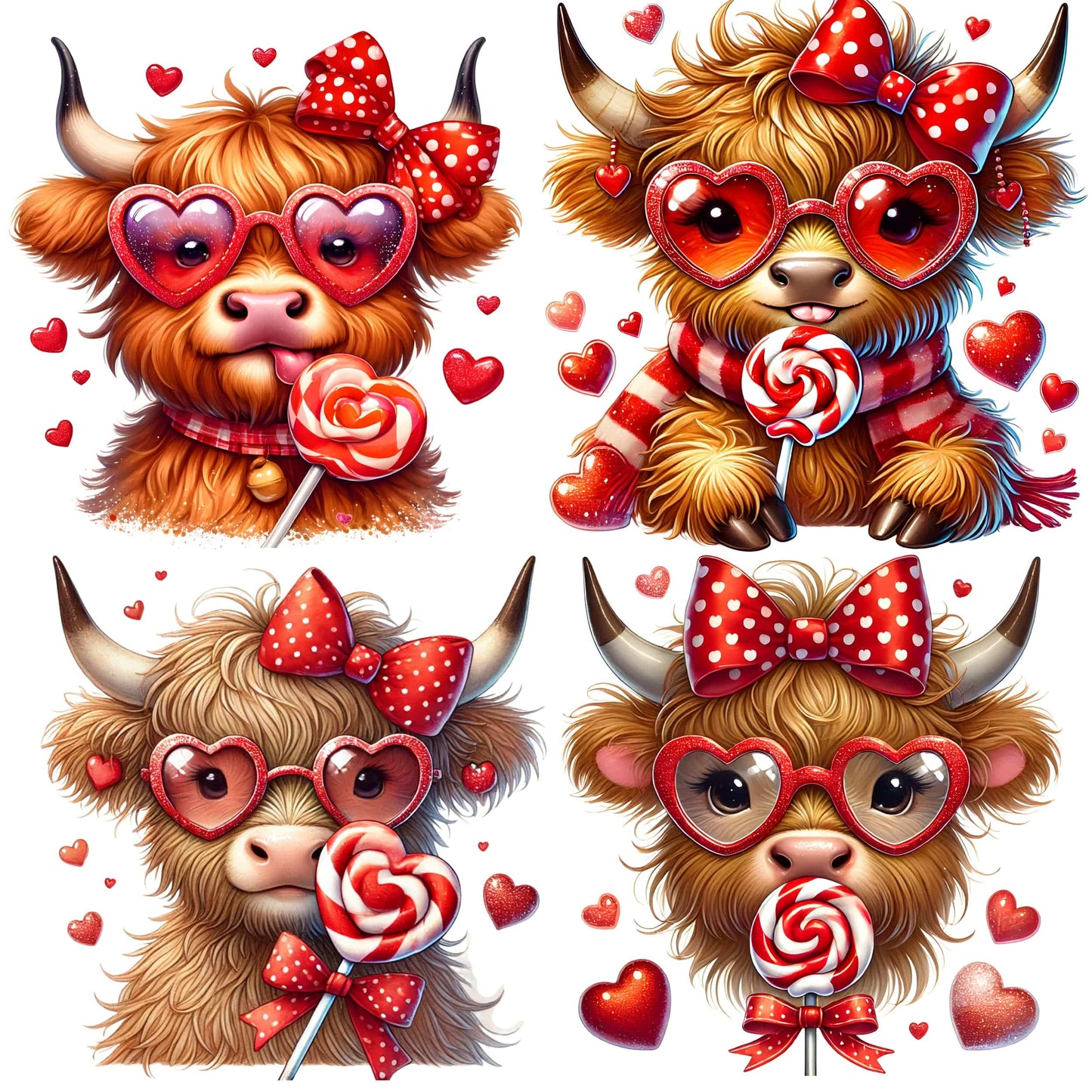 Set of four detailed Highland cow portraits with heart sunglasses and candy lollipops. Features fluffy ginger fur, horns, and red bow accessories with sparkle effects.