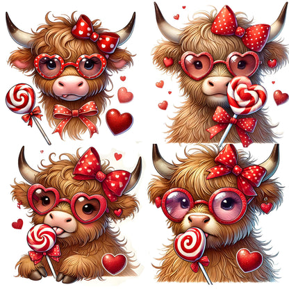 Four face-focused illustrations of Highland cows with heart-shaped glasses and swirl lollipops. Each cow styled with red polka dot bows and floating heart embellishments.