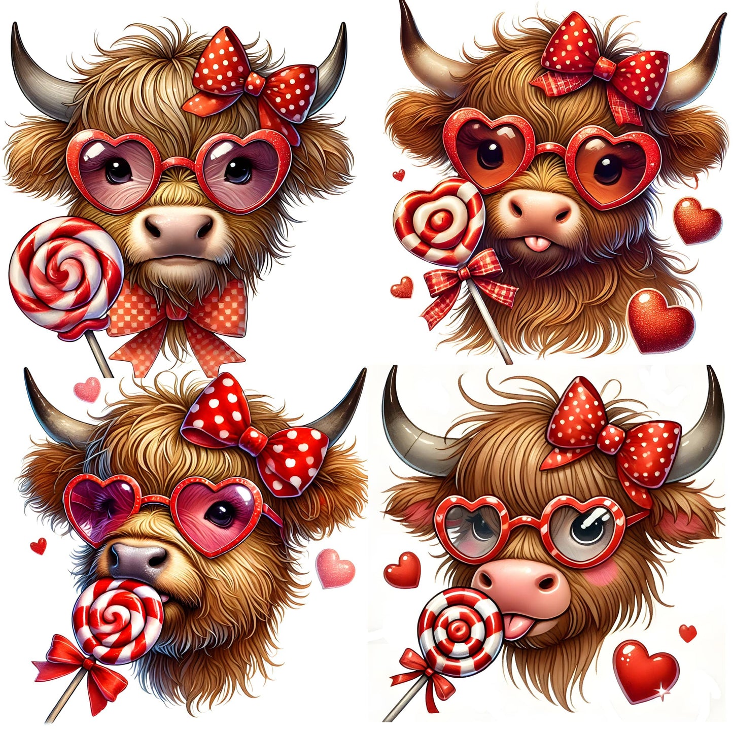 Collection of four Highland cow head portraits with Valentine's styling, featuring candy-striped lollipops, sparkly heart glasses, and checkered bow variations. Detailed fur textures in warm ginger tones.