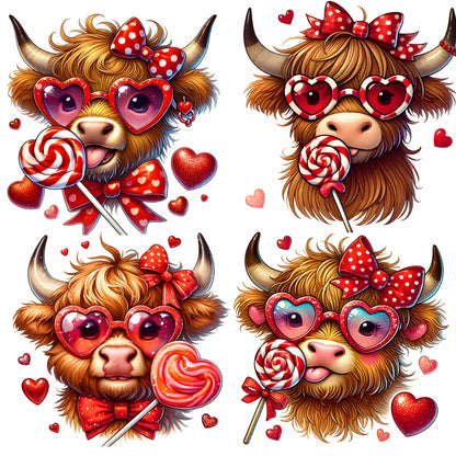 Four Valentine's themed Highland cow portraits featuring fluffy ginger cows with heart-shaped glasses, red polka dot bows, and spiral lollipops. Each cow decorated with floating hearts and candy-themed accessories.