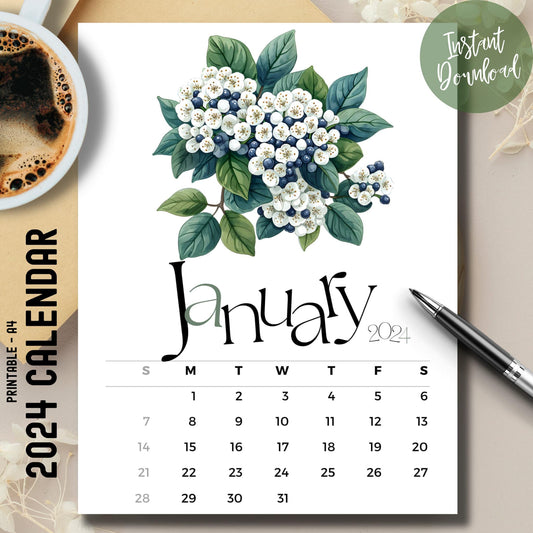 Viburnum Vision January 2024-25 calendar on brown desk with coffee cup and pen.