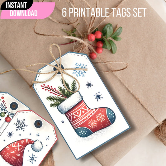 Printable vintage Christmas gift tags with jute twine bow and holly berries on kraft paper, featuring instant download banner and close-up of stocking design