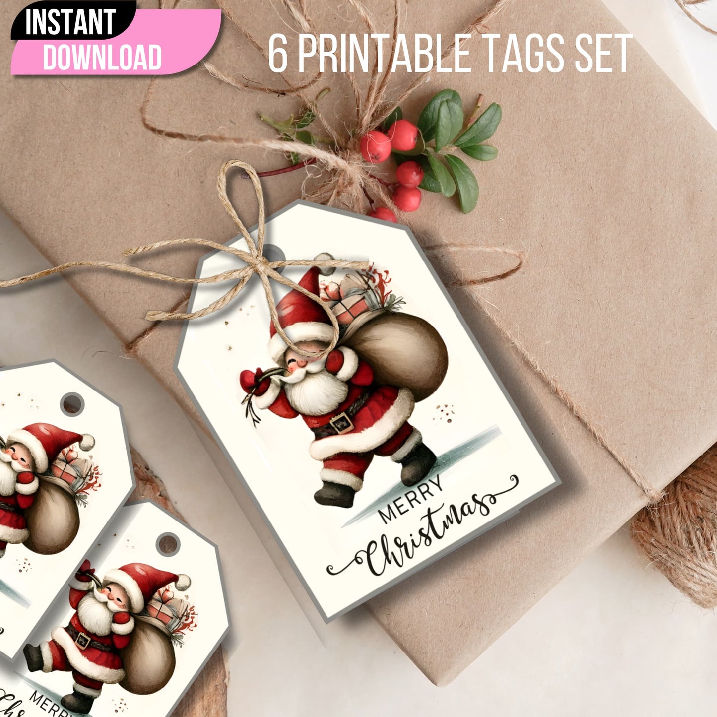 Christmas gift tag with vintage Santa illustration tied with rustic twine on kraft box, surrounded by gingerbread cookies and holiday decorations, instant download banner