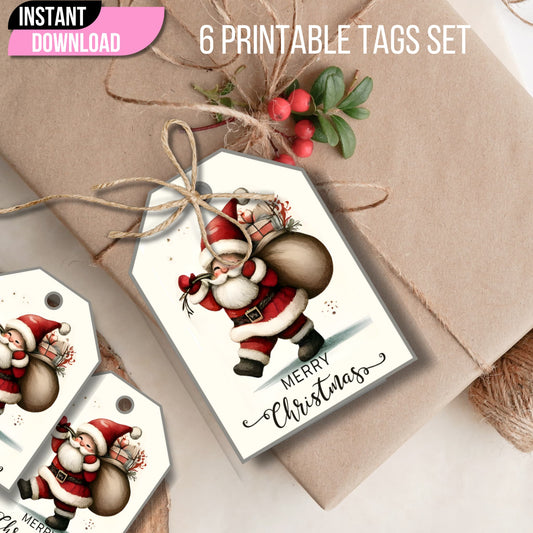 Christmas gift tag with vintage Santa illustration tied with rustic twine on kraft box, surrounded by gingerbread cookies and holiday decorations, instant download banner