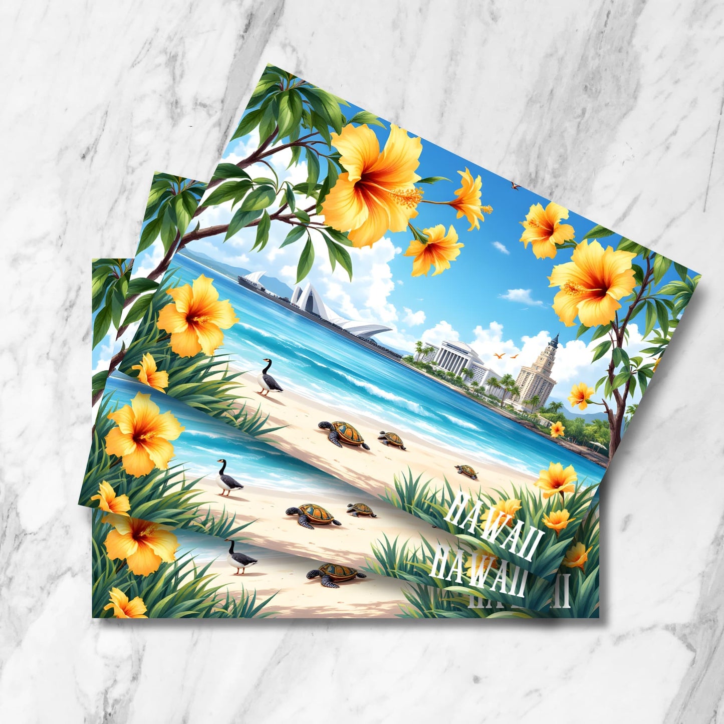 Stacked preview of Waikiki beach postcards featuring sea turtles on sand, opera house architecture, nene geese, and yellow hibiscus flowers framing turquoise waters