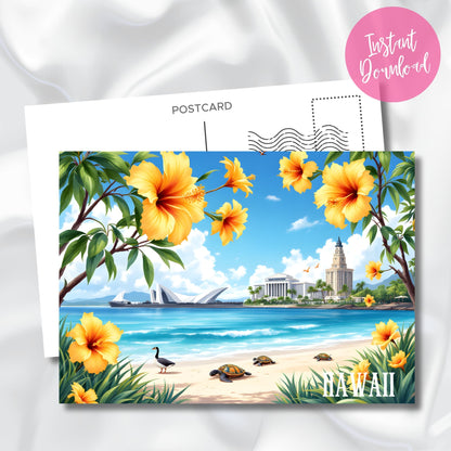 Digital download preview of Waikiki Beach featuring endangered sea turtles, state flower yellow hibiscus, modern opera house architecture, and classic beach scene with instant download badge