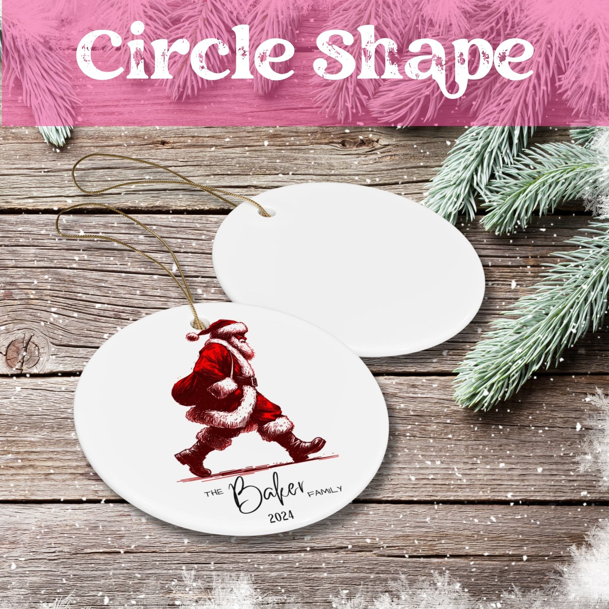 White ceramic circle ornament showing red vintage-style walking Santa illustration with personalized Baker Family text on rustic wood background.