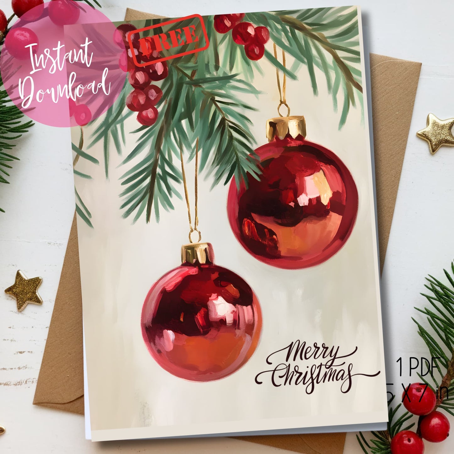 Merry Christmas card featuring shiny red ornaments with gold caps, pine greenery and berries, styled with kraft envelope and golden star accents, 5x7 inch printable