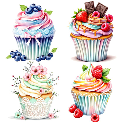 Collection of four decorated cupcakes featuring blueberries, chocolate with berries, cherry blossoms, and raspberry toppings on pastel-colored liners