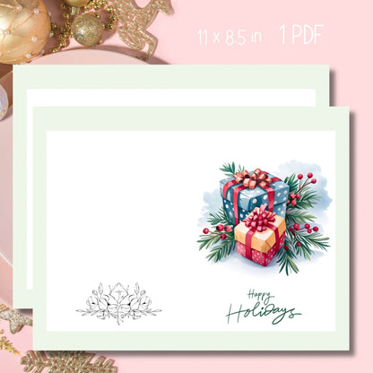 Modern Christmas card with watercolor wrapped presents and pine sprigs, floral writing space, shown with gold ornaments on pink background, 8.5x11 inch format