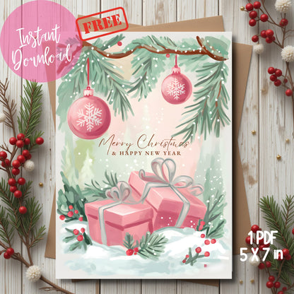 Free 5x7 printable card showing pink wrapped gifts, blush ornaments and evergreen branches, modern lettering on snowy scene, displayed with winter berries, instant download