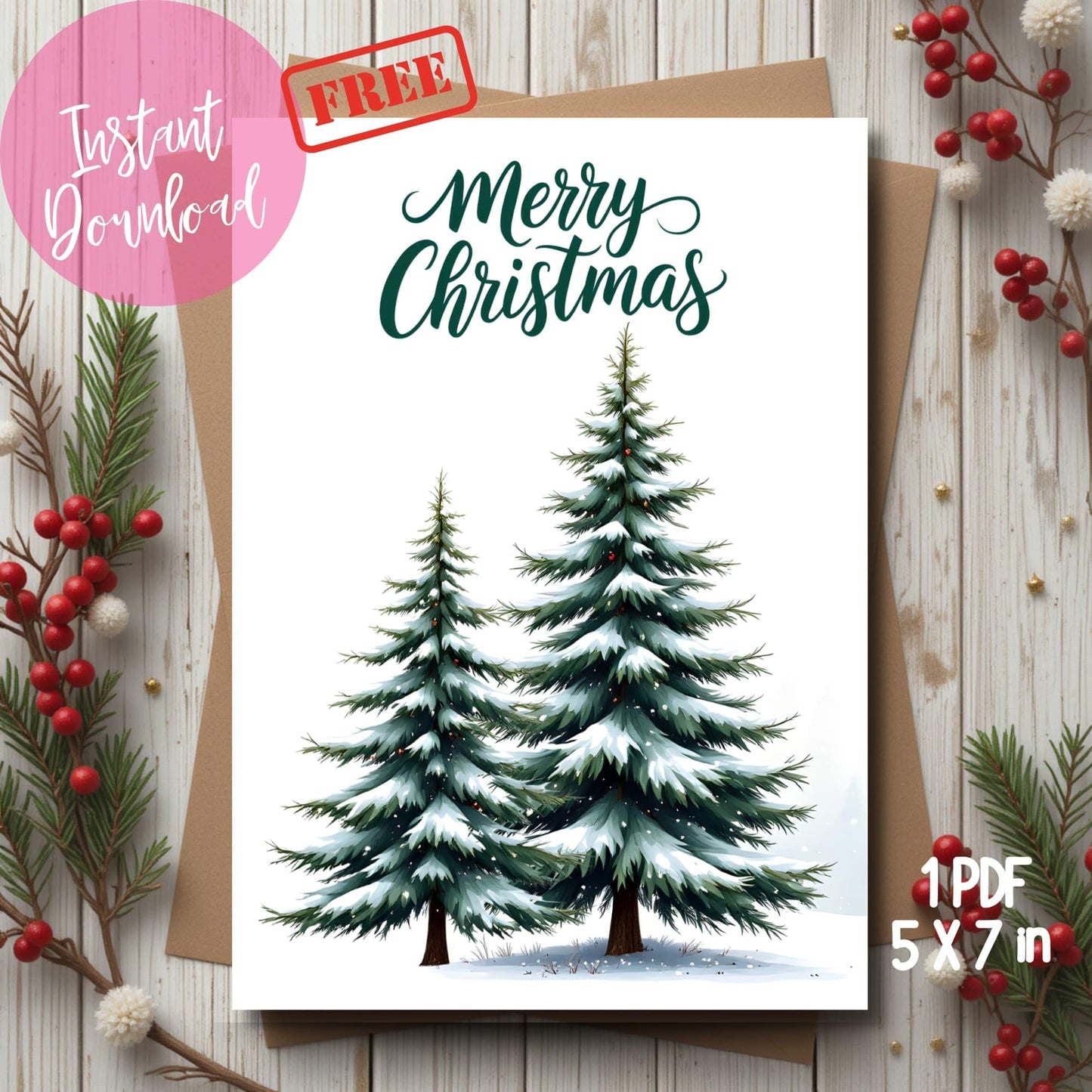 Free watercolor Christmas card featuring snow-laden evergreen trees, modern green calligraphy, white space design on rustic wood background with red berries, 5x7 printable PDF