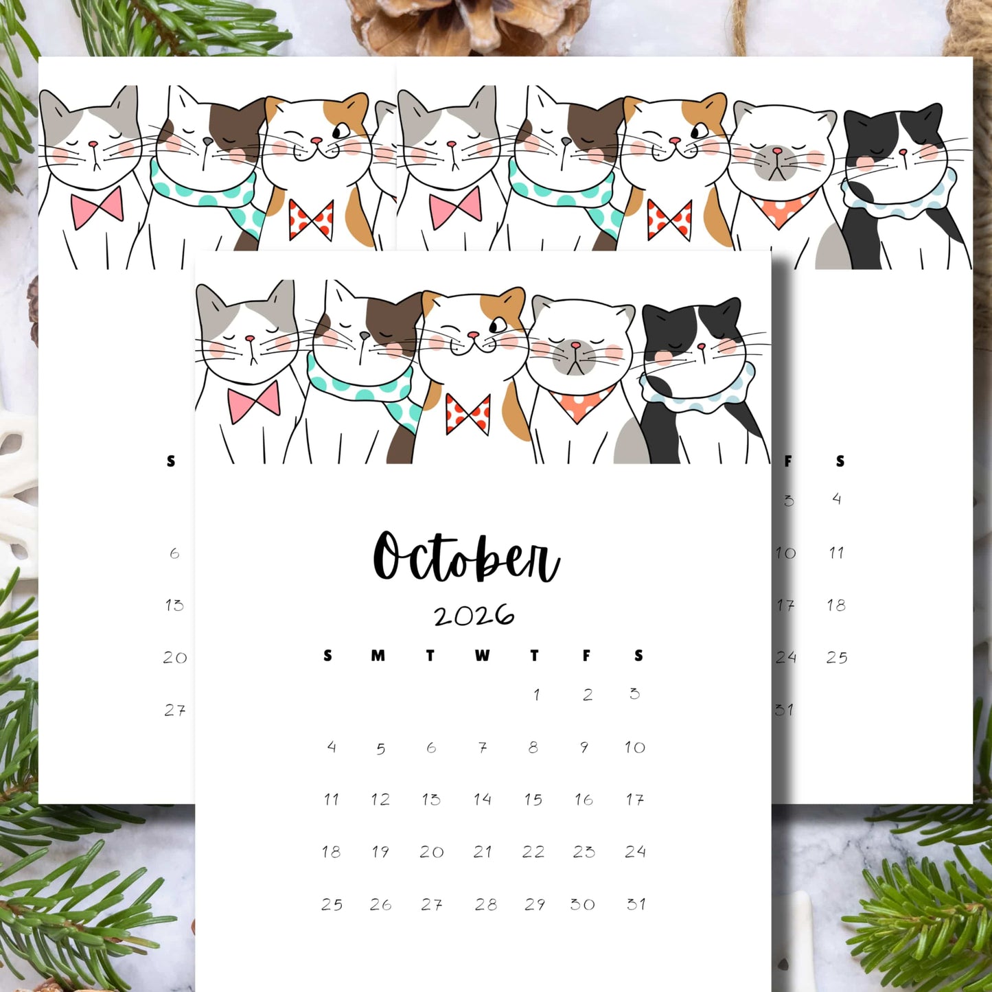 Three-year October calendar preview for 2024-2026 featuring adorable cartoon cats with bowties and collars, displayed with pinecones and foliage, highlighting the vertical 11 x 8.5-inch layout.