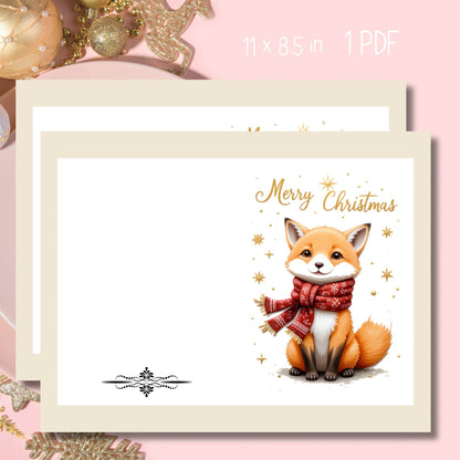 Adorable animal illustration Christmas card featuring happy fox in red winter scarf with gold 'Merry Christmas' calligraphy and stars, elegant black decorative border, shown on cream paper with gold ornaments