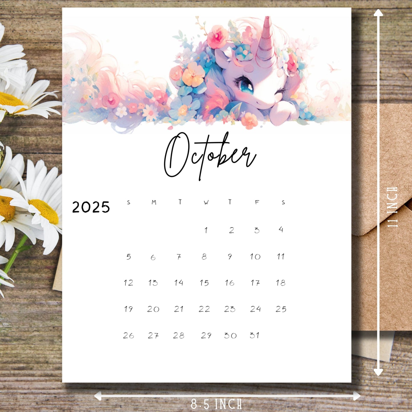 October 2024 calendar page with charming white unicorn design, 11 x 8.5 inch size, displayed on wooden surface with daisy flowers, ideal for students and classroom organization.