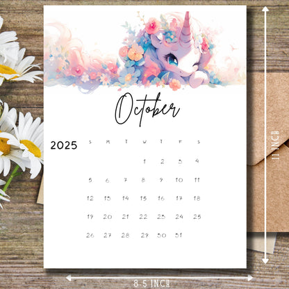 October 2024 calendar page with charming white unicorn design, 11 x 8.5 inch size, displayed on wooden surface with daisy flowers, ideal for students and classroom organization.