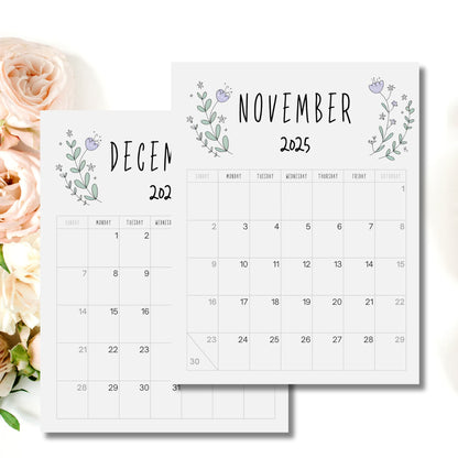 November and December 2025 calendar pages decorated with minimalist purple flower and mint leaf design, styled with soft pink roses