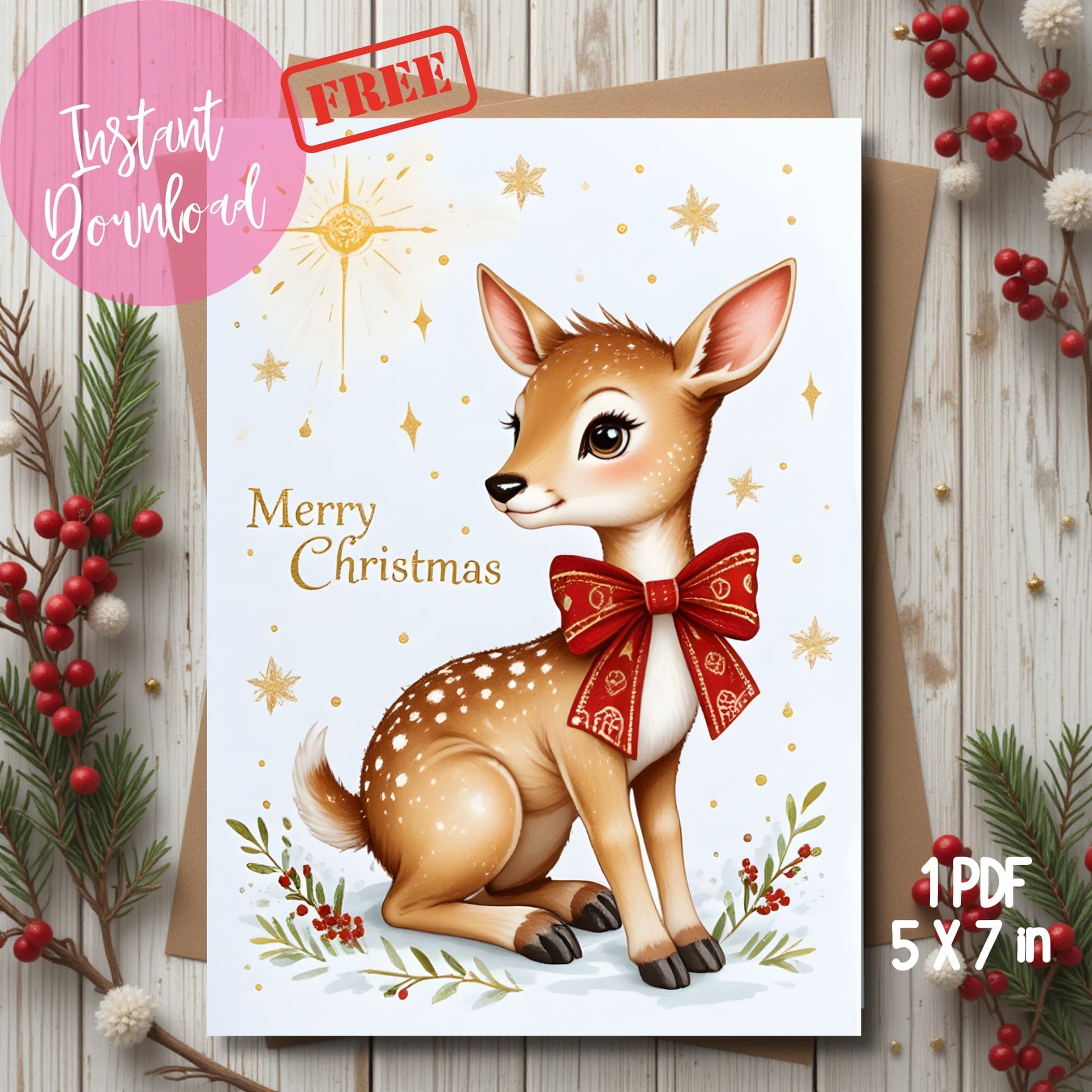 Free printable Christmas card with cute fox illustration in winter scarf, gold script lettering and star decorations, shown on rustic wood background with red berries and evergreen, 5x7 format