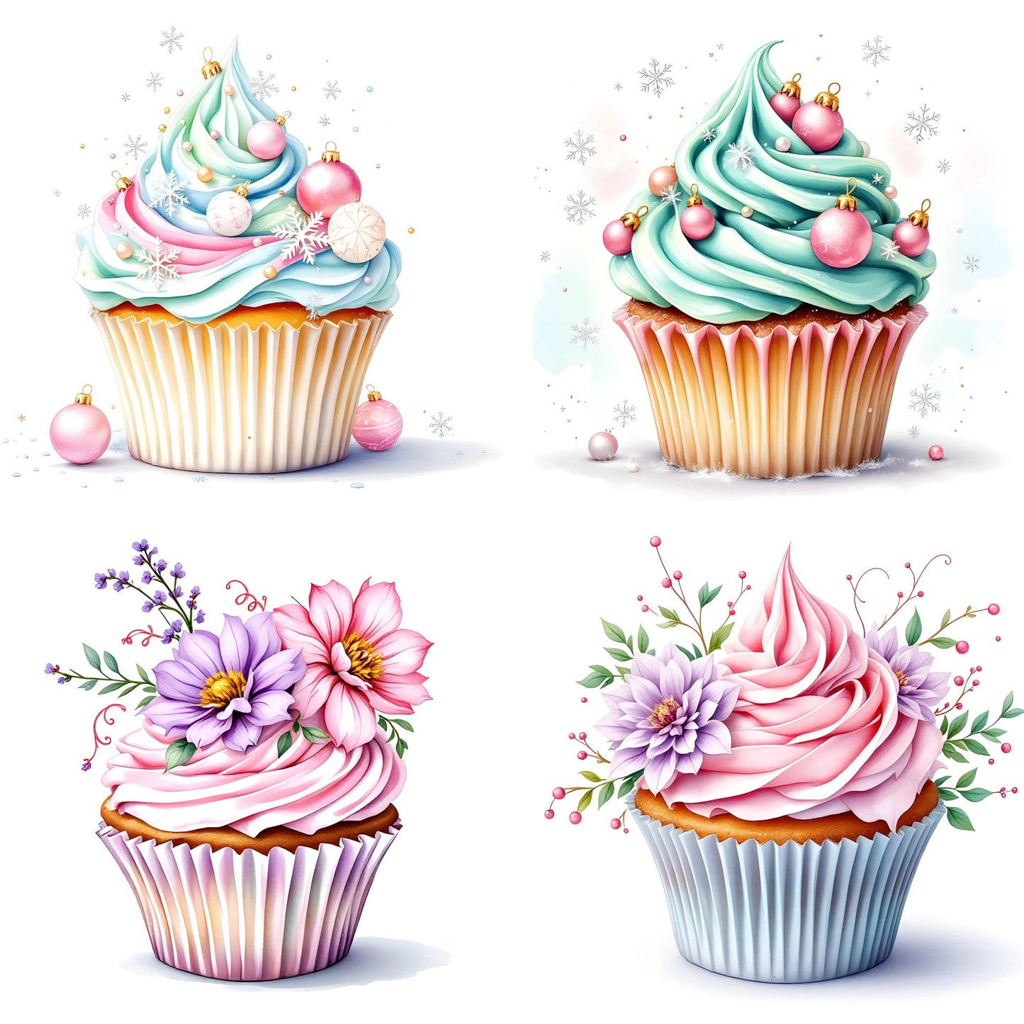 Collection of four seasonal cupcakes featuring Christmas ornaments, pink baubles, and purple dahlias with mint frosting in pastel liners