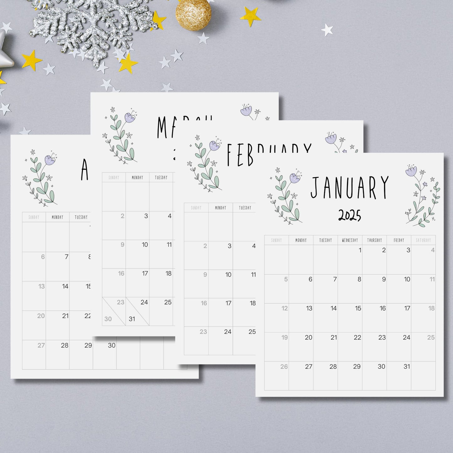 January through April 2025 calendar pages with minimalist purple flower motif, arranged with silver snowflakes and gold star accents