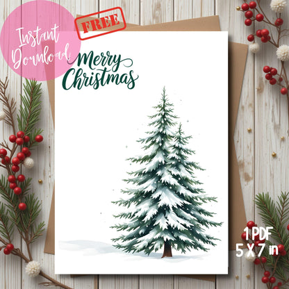 Minimalist Christmas card featuring snow-covered evergreen tree watercolor illustration, elegant green typography, shown on rustic wood background with red berries and pine branches, 5x7 PDF