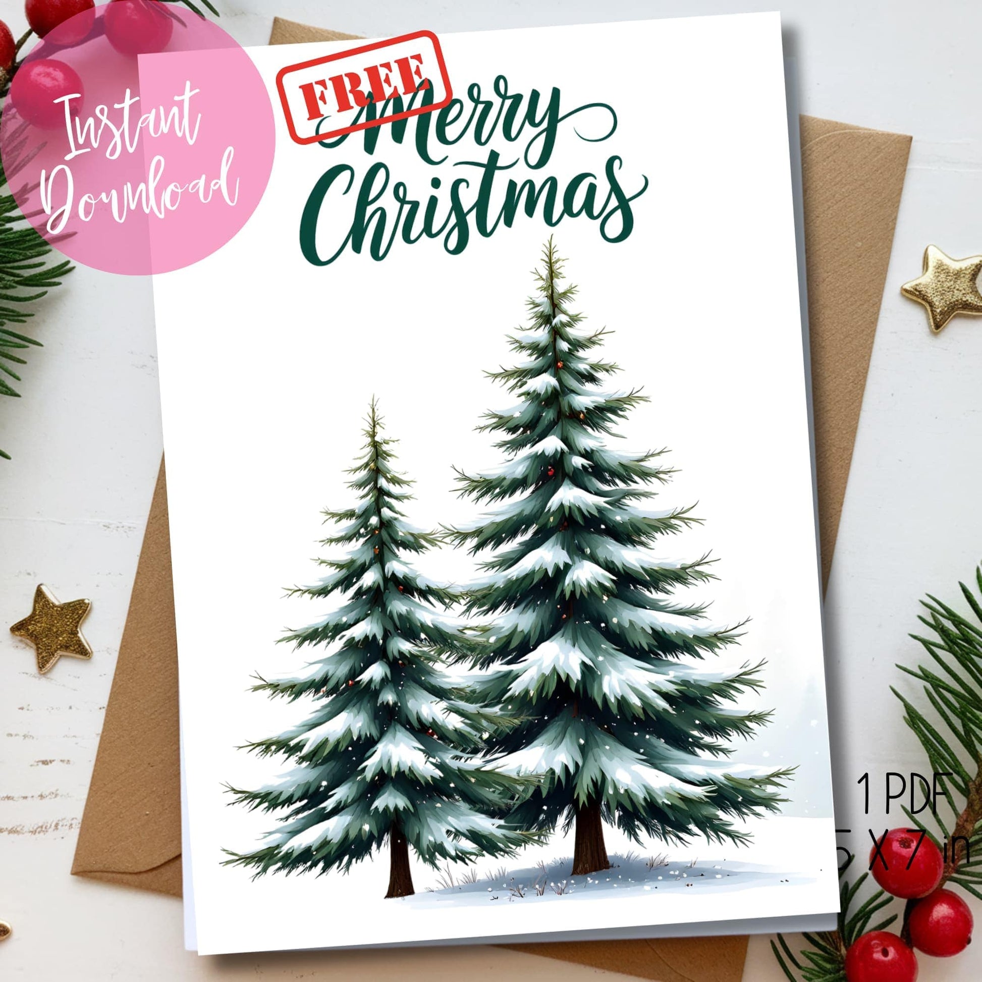 Modern holiday card with two snowy pine trees in watercolor style, green script lettering, displayed with kraft envelope and natural winter decorations, instant download format