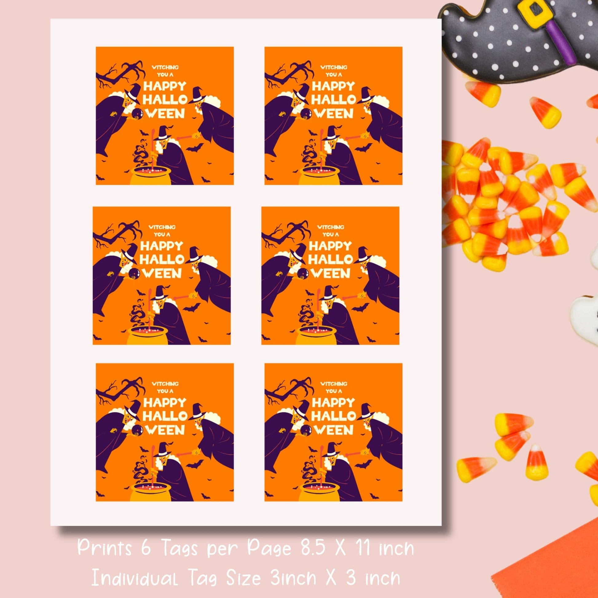 Printable layout of 6 Halloween witch tags per 8.5x11 inch page, each tag 3x3 inches, showing magical potion brewing scene in orange and purple, decorated with candy corn and witch hat props.