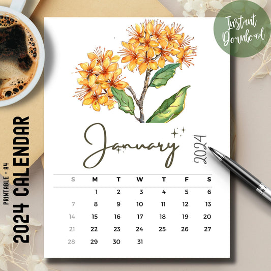 Witch Hazel floral January 2024-25 calendar on brown desk with coffee and pen.