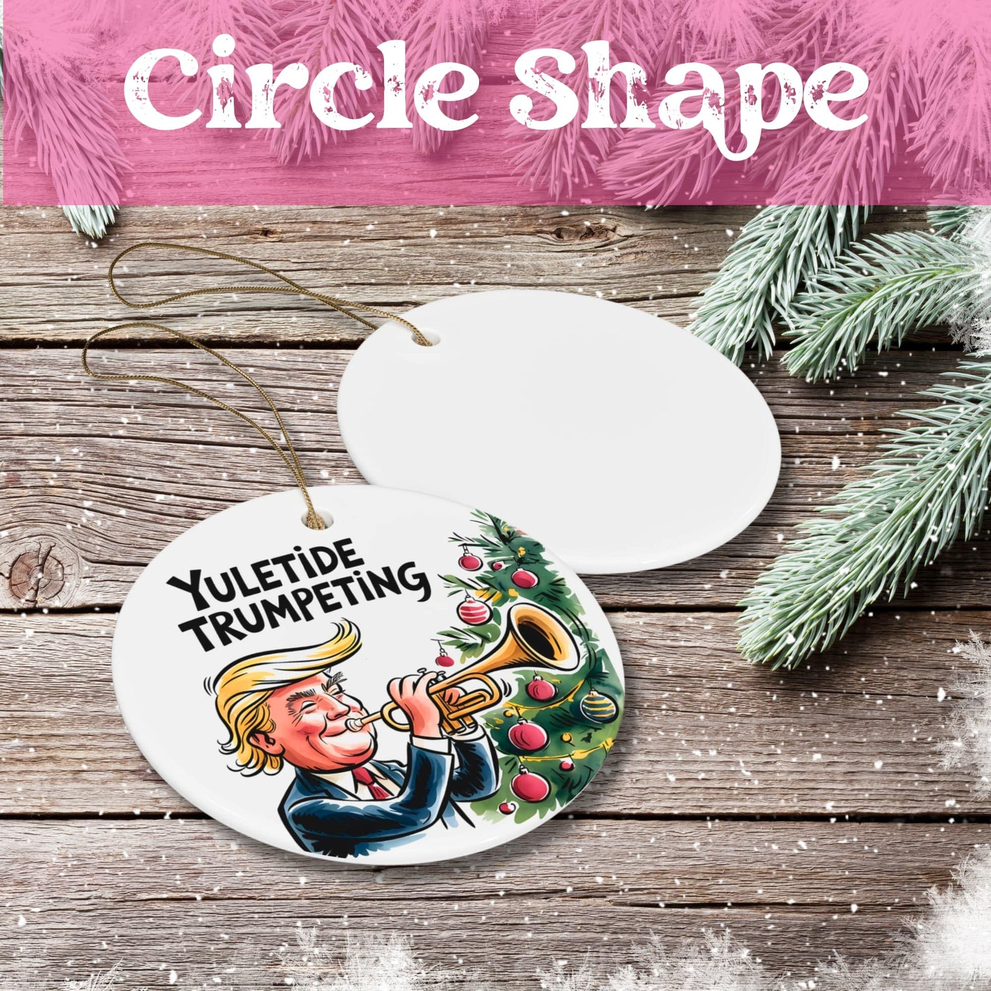 White ceramic circle ornament featuring festive cartoon figure playing trumpet beside decorated Christmas tree, displayed on rustic wood background with pine accents.