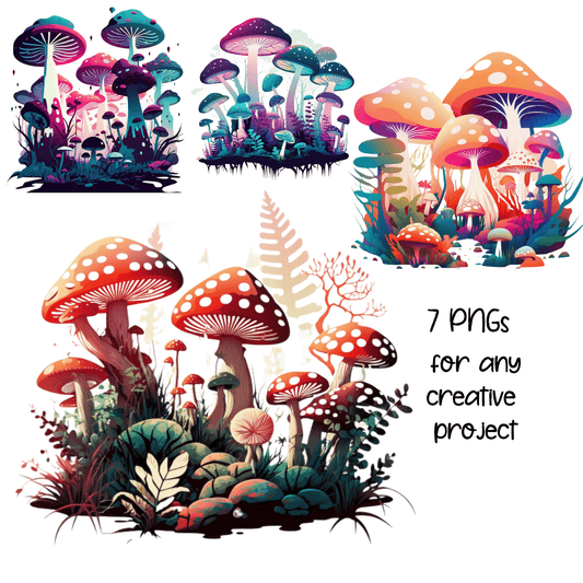 Mind-Bending Magical Mushroom Trip Images 2023 7 PNGs Set - Print on Demand Free Download - Instant Download