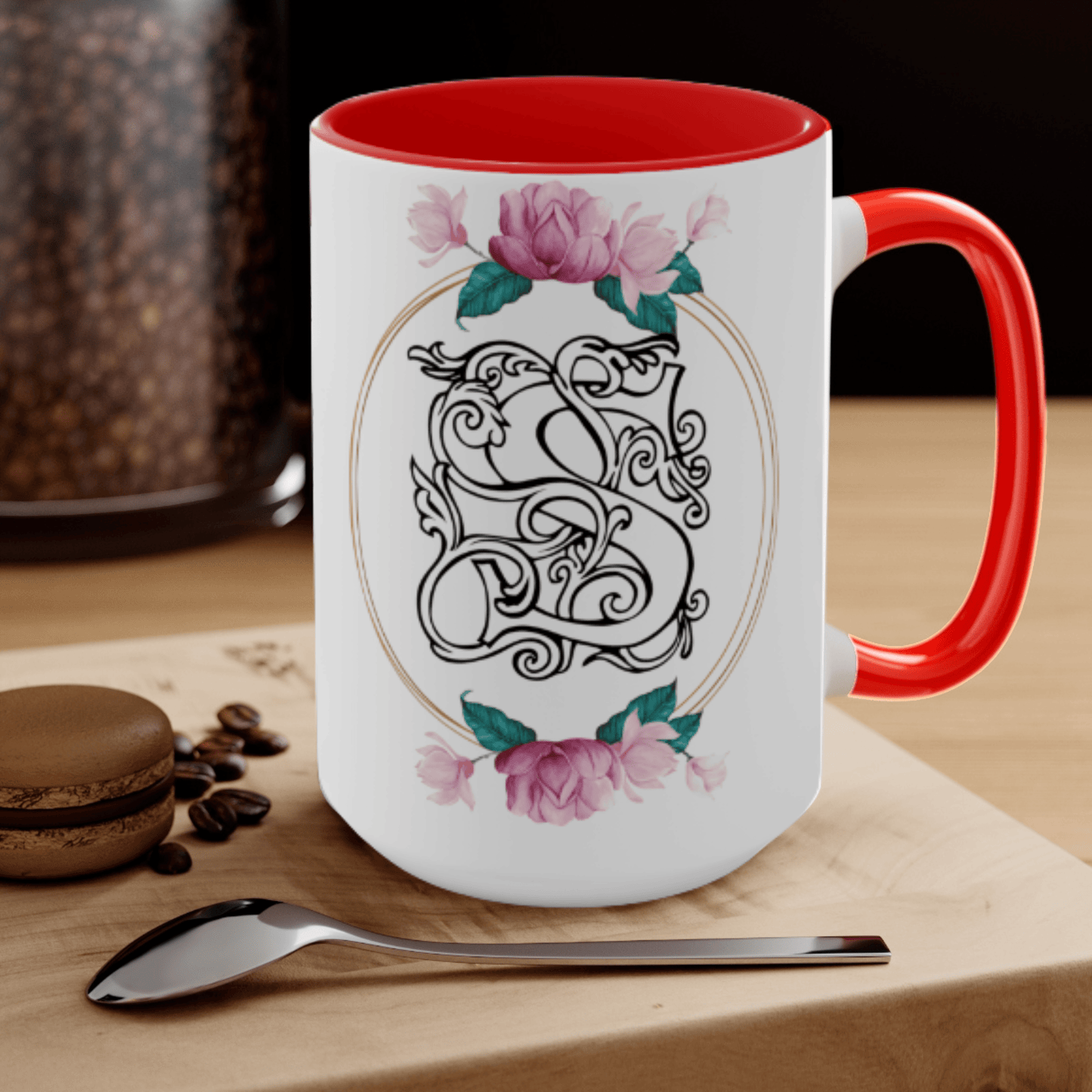 S Monogrammed coffee Mug with red hanle