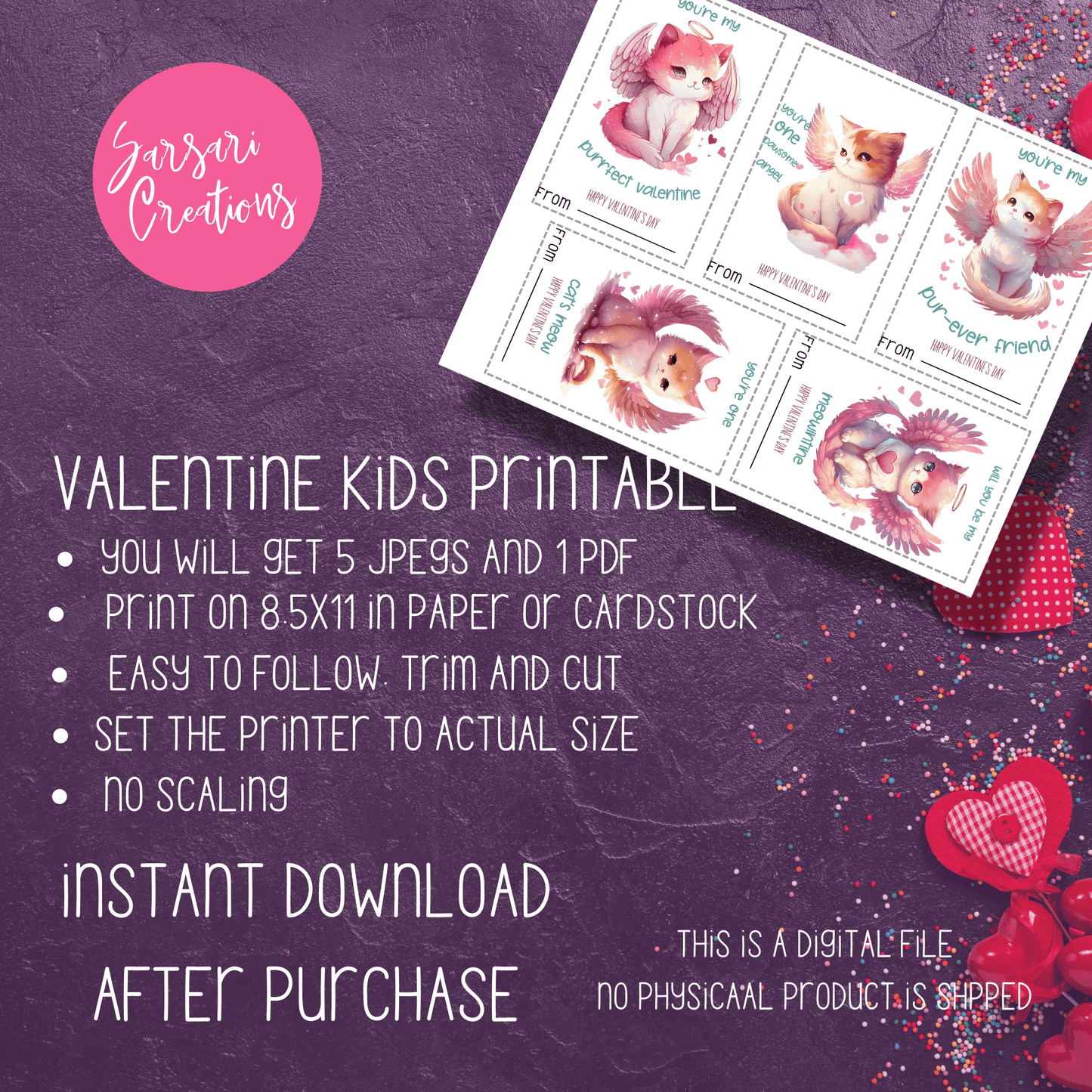 2023 DIY Valentine's Day Printable Angelic Cat Instant Download