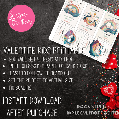 Make Valentine's Day Sparkle with Printable Unicorn Cards and Gift Tags for Kids - Instant Download #V21