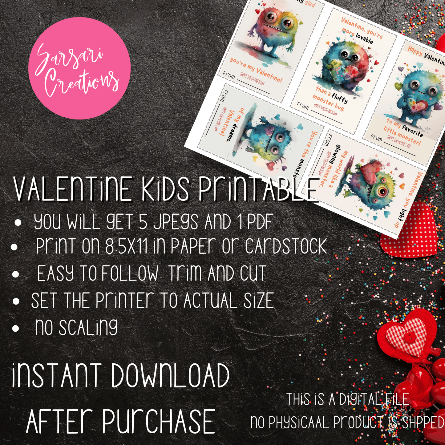 Make Valentine's Day Spooktacular with Printable Monster Cards and Gift Tags - Instant Download #V21