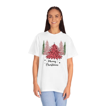 Leopard Plaid Christmas Shirt, Trees Plaid Comfort Colors, Pink Leopard Shirt, Leopard T-Shirt, Holiday Gift, Unisex Garment-Dyed T-shirt