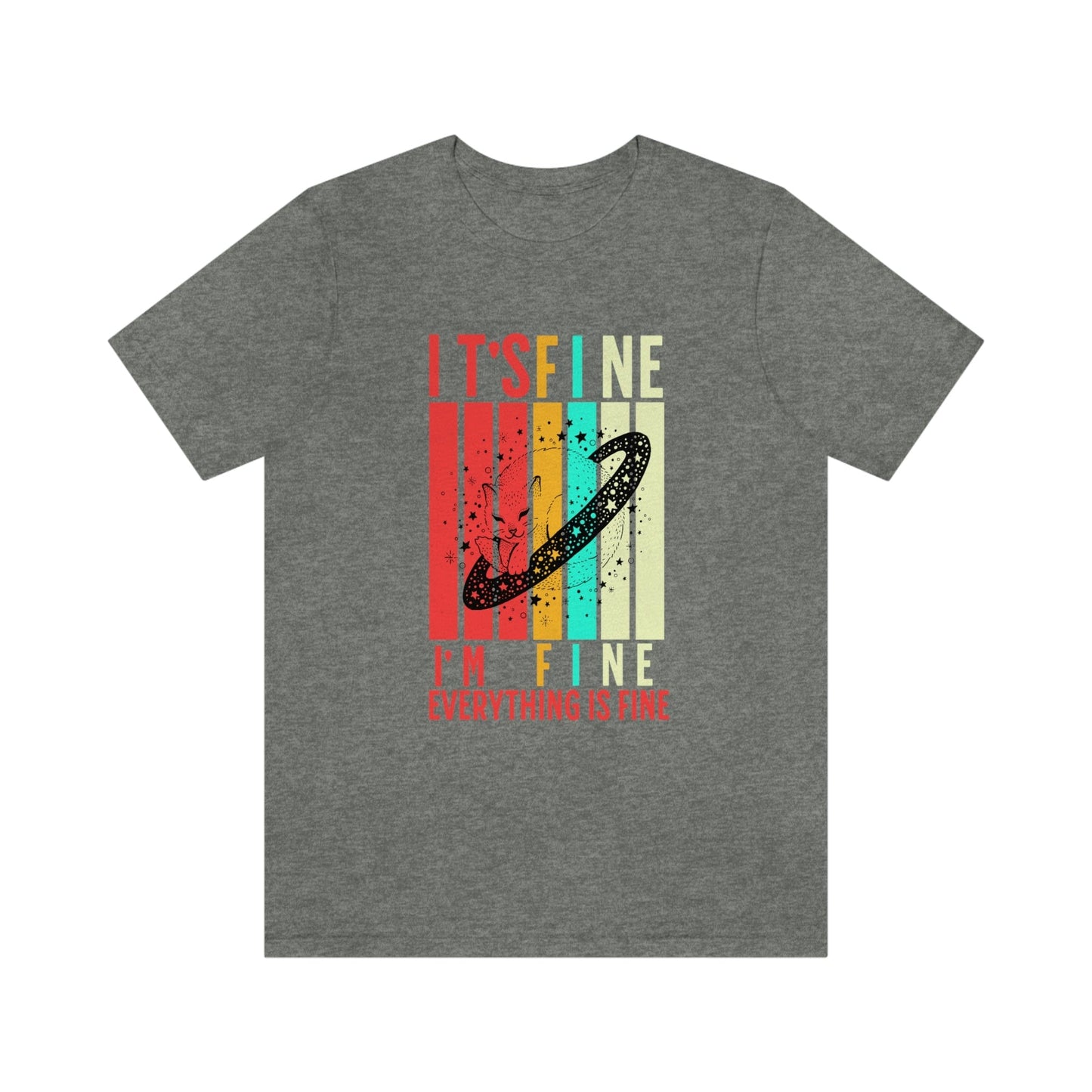 Funny Cat Lover Sarcasm T-Shirt: 'It's Fine, I'm Fine, Everything Is Fine' with Cute Black Cat Design