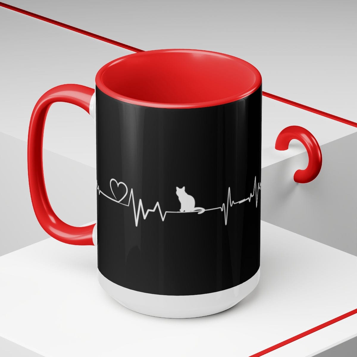 Cat Heartbeat Coffee Mug, Christmas Decor, Gift for Coworker, Giving Thanks Mug, Holiday Mug 15 oz Two-Tone Coffee Mugs