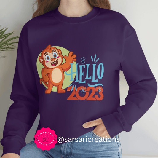 Unisex Hello 2023 with Monkey Sweatshirt, New Year's Party Crew Shirts, Welcome 2023 Sweatshirt, New Year Gift for Family