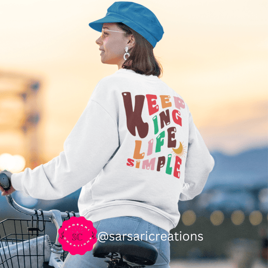 Keeping Life Simple White Oversized Graphic Sweatshirt for Ladies, Back-printed - Cool Oversized Graphic Sweater