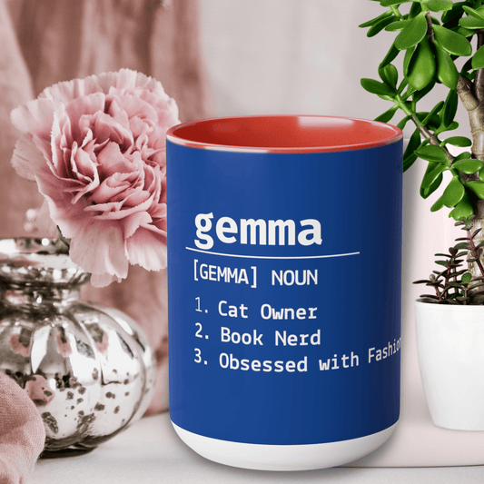 Make It Personal: Name Engraved Blue Mug 2023 with Name Definition for Mothers and Father's Day 15 oz Two-Tone Coffee Mugs