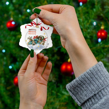 Merry in Vintage Car Christmas Ceramic Ornament, 4 Shapes