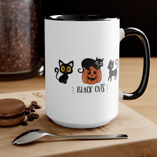 Halloween Cat Mug, Cat Lover Mug, Cute Fall Coffee Mug, Fall Vibes, Thanksgiving Gift 15 oz Two-Tone Coffee Mugs