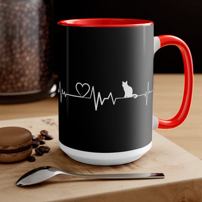 Cat Heartbeat Coffee Mug, Christmas Decor, Gift for Coworker, Giving Thanks Mug, Holiday Mug 15 oz Two-Tone Coffee Mugs