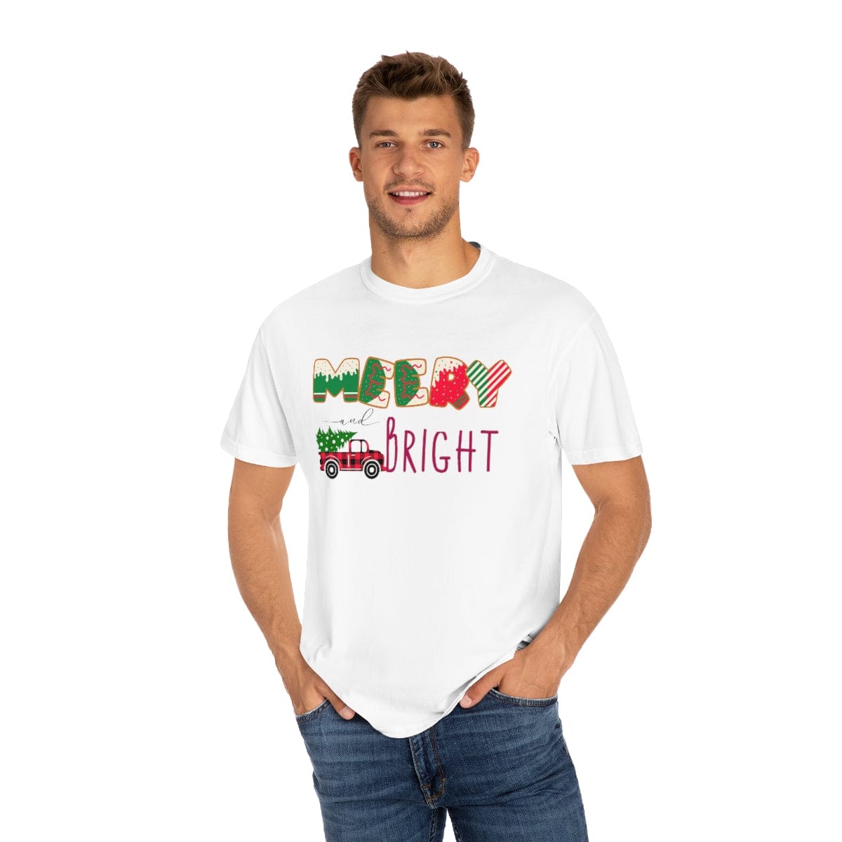 Merry and Bright Comfort Colors, Retro Shirt for Men, Men Christmas T-Shirt, Holiday Tee, New Year Gift, Unisex Garment-Dyed T-shirt