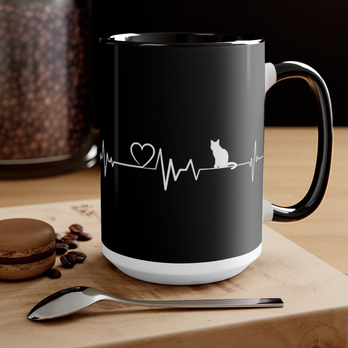 Cat Heartbeat Coffee Mug, Christmas Decor, Gift for Coworker, Giving Thanks Mug, Holiday Mug 15 oz Two-Tone Coffee Mugs