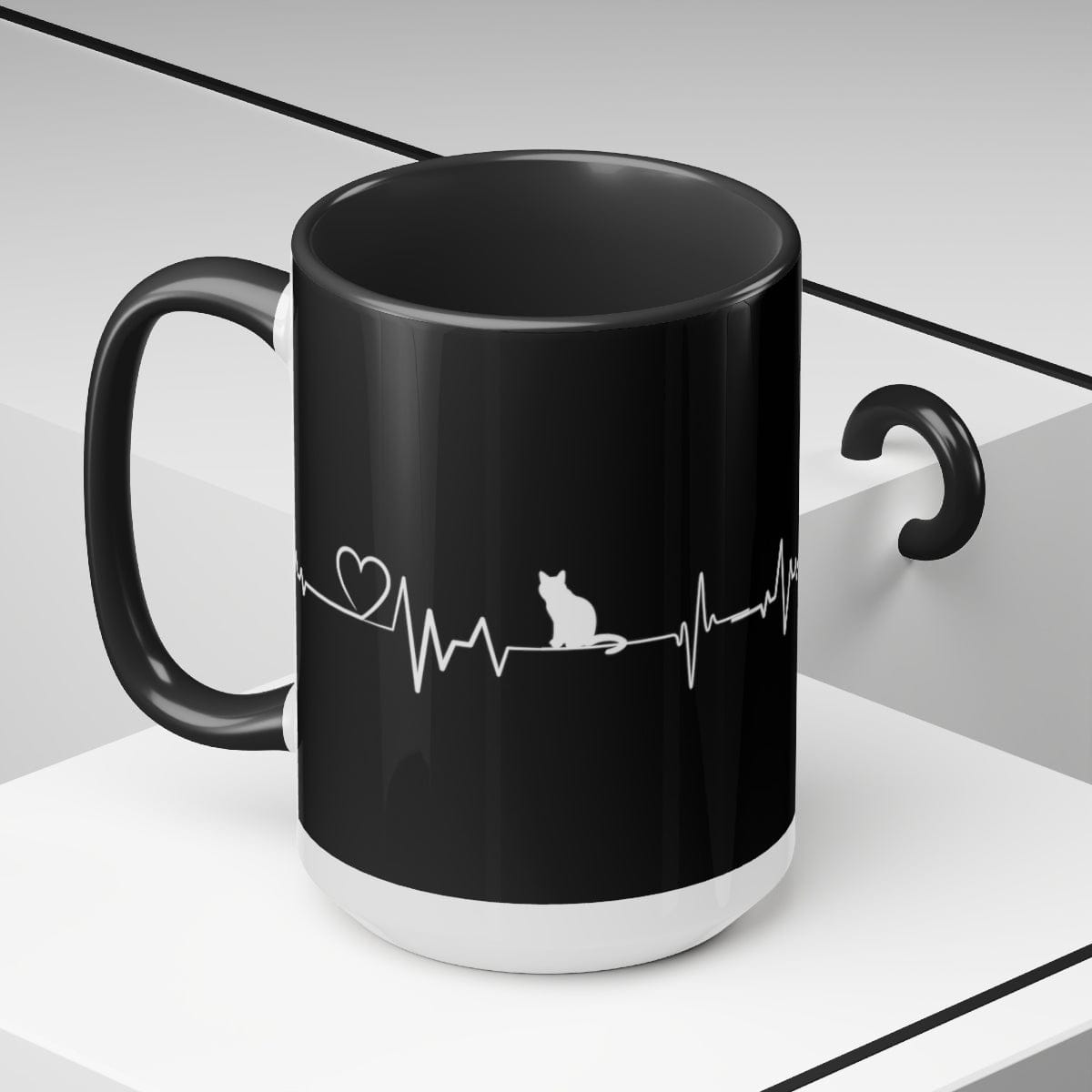 Cat Heartbeat Coffee Mug, Christmas Decor, Gift for Coworker, Giving Thanks Mug, Holiday Mug 15 oz Two-Tone Coffee Mugs